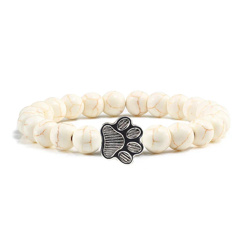 Natural Stone Bracelet with Paw Charm – Elastic Beaded Bracelet for Men and Women