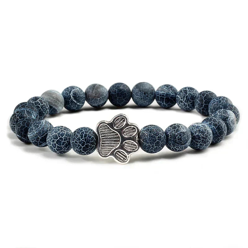 Natural Stone Bracelet with Paw Charm – Elastic Beaded Bracelet for Men and Women