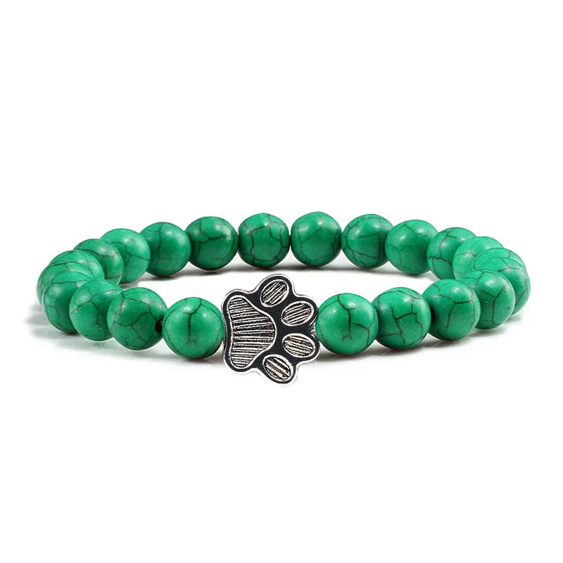 Natural Stone Bracelet with Paw Charm – Elastic Beaded Bracelet for Men and Women