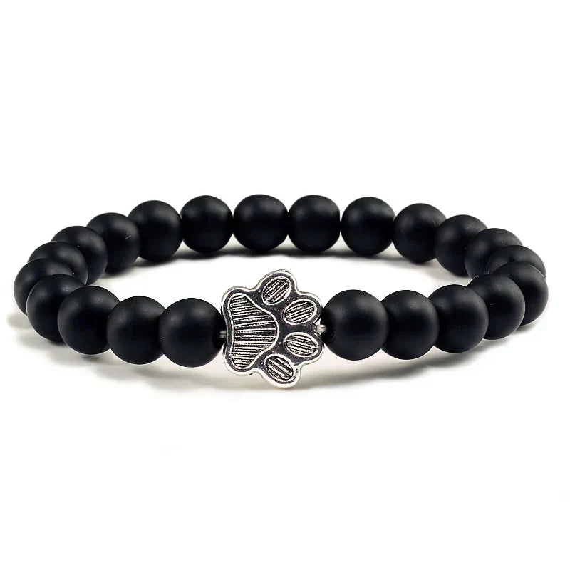 Natural Stone Bracelet with Paw Charm – Elastic Beaded Bracelet for Men and Women