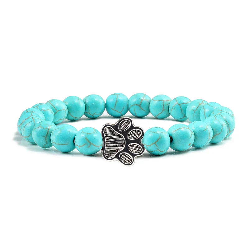 Natural Stone Bracelet with Paw Charm – Elastic Beaded Bracelet for Men and Women