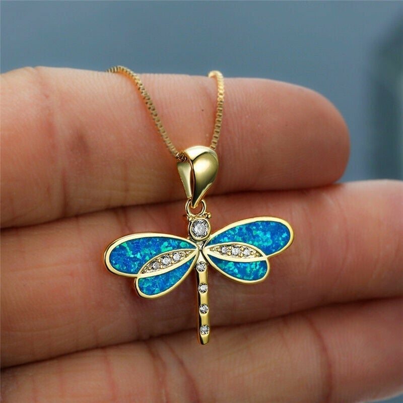 Gold Dragonfly Necklace with Opal
