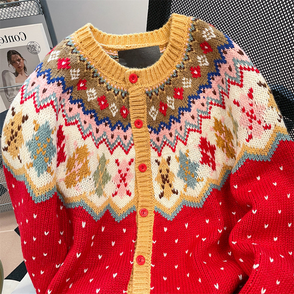 Elegant, vintage Fair Isle cardigan sweater with jacquard graphics and holiday motifs, featuring a loose and relaxed fit