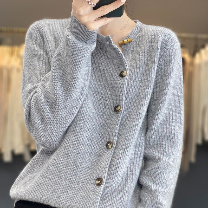Elegant and Comfortable Sweater with Round Neckline and Irregular Buttons