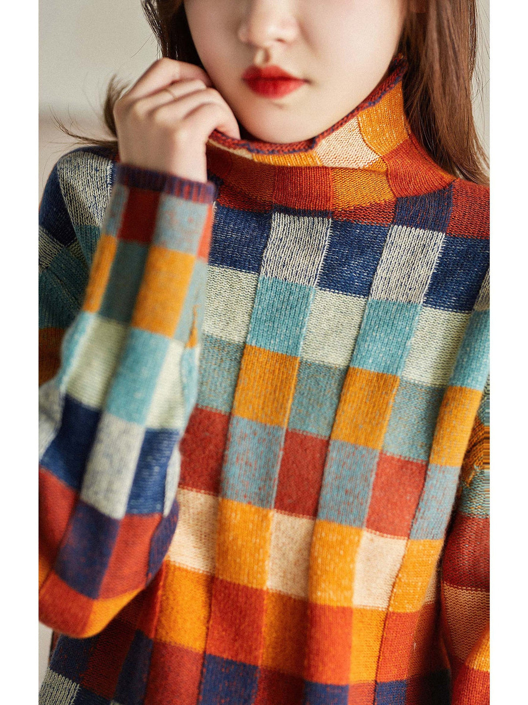 Women's Turtleneck Sweater in Colorful Plaid