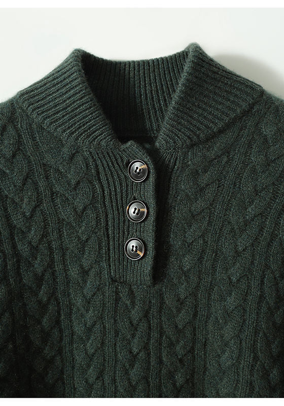 Simple and comfortable women's sweater made of thick knit, in a solid color, with a stand-up collar and buttons