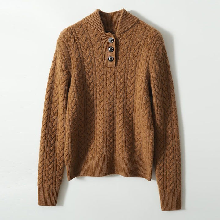 Simple and comfortable women's sweater made of thick knit, in a solid color, with a stand-up collar and buttons