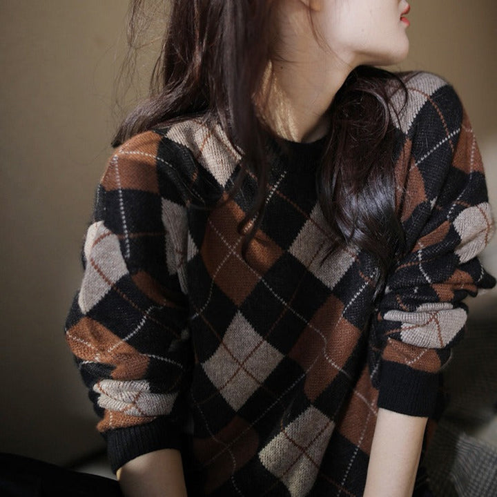 Cashmere Check Sweater with Round Neck
