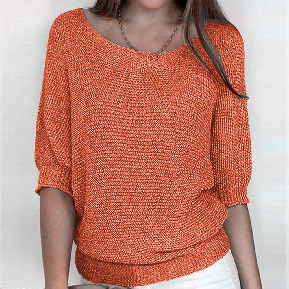Women's solid color loose sweater with three-quarter sleeves 06