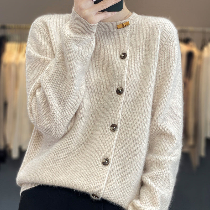 Elegant and Comfortable Sweater with Round Neckline and Irregular Buttons