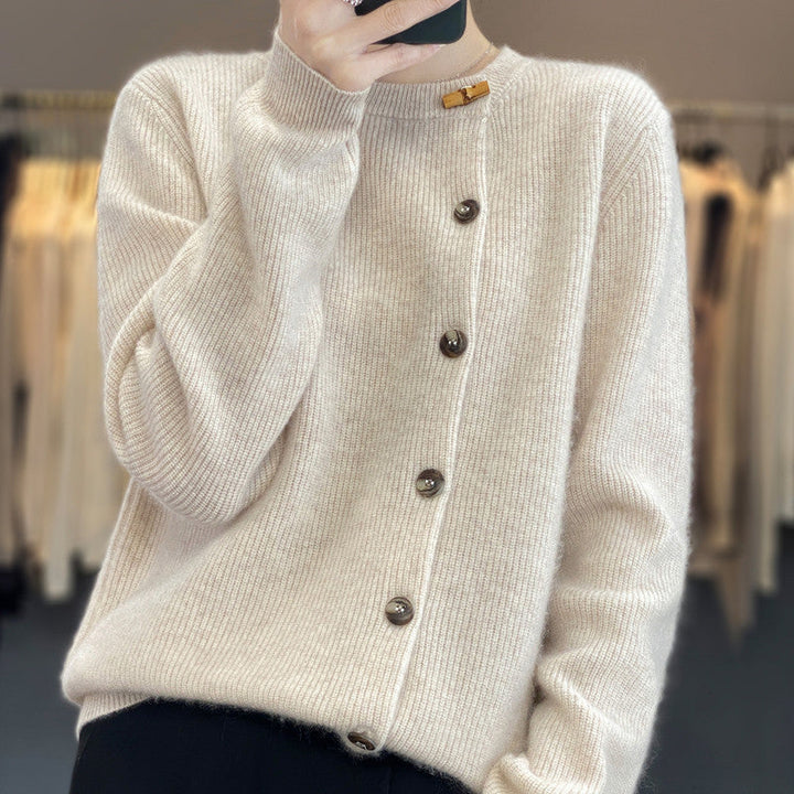 Elegant and Comfortable Sweater with Round Neckline and Irregular Buttons
