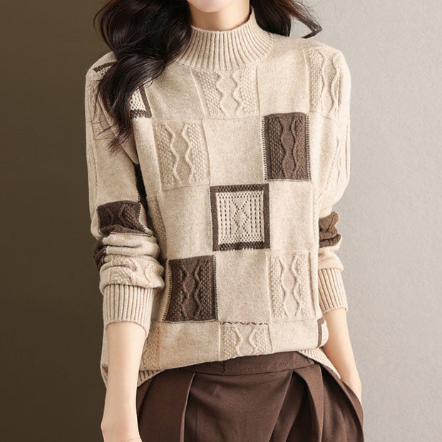 Women's Turtleneck Sweater in Checkered Pattern, Made of Cashmere