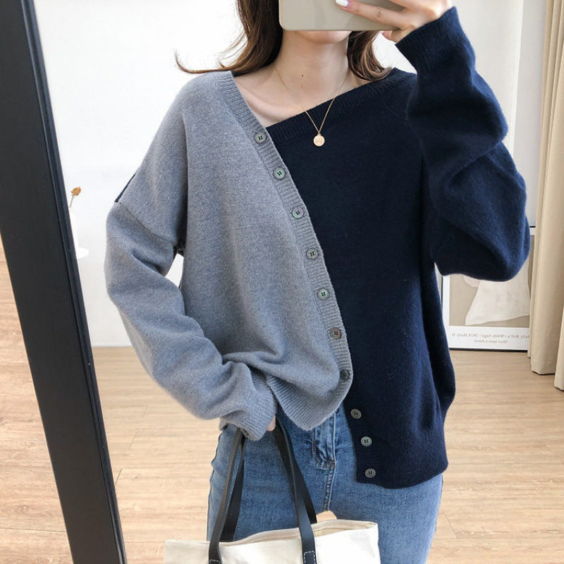 Cashmere Color Block Sweater with Irregular Collar