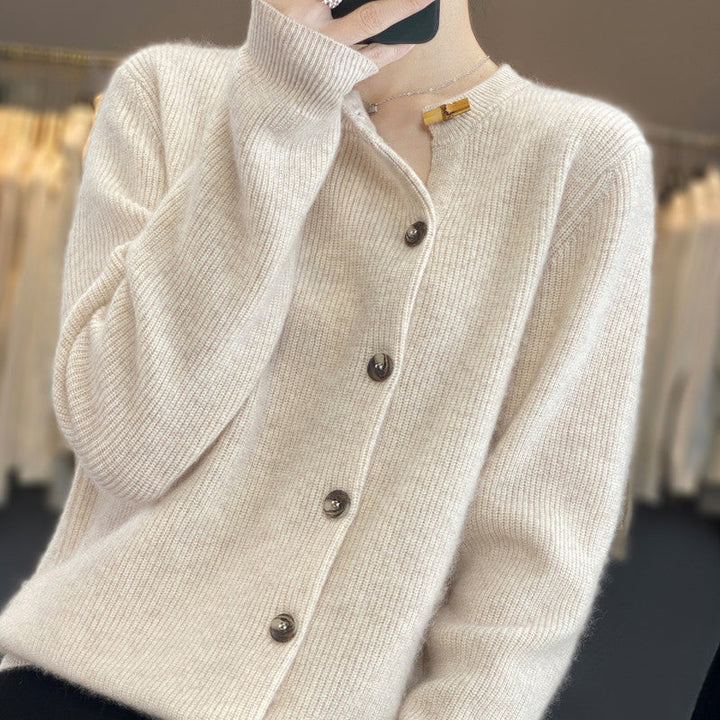 Elegant and Comfortable Sweater with Round Neckline and Irregular Buttons