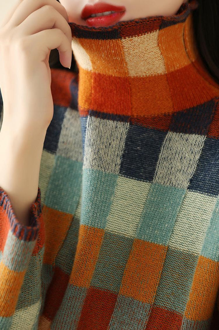 Women's Turtleneck Sweater in Colorful Plaid