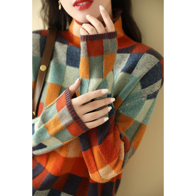 Women's Turtleneck Sweater in Colorful Plaid