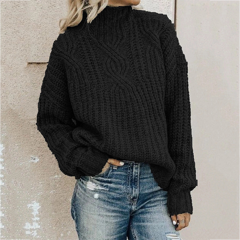 Women's solid color turtleneck sweater with a woven pattern, suitable for everyday wear