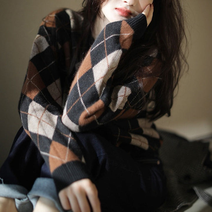 Cashmere Check Sweater with Round Neck