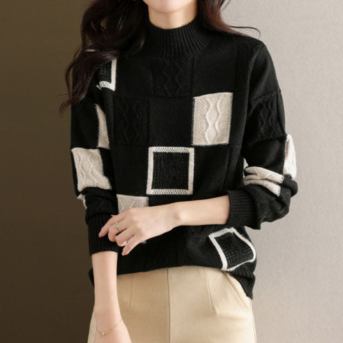 Women's Turtleneck Sweater in Checkered Pattern, Made of Cashmere