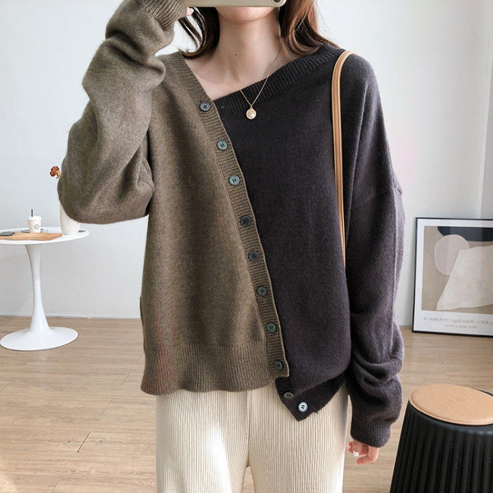 Cashmere Color Block Sweater with Irregular Collar