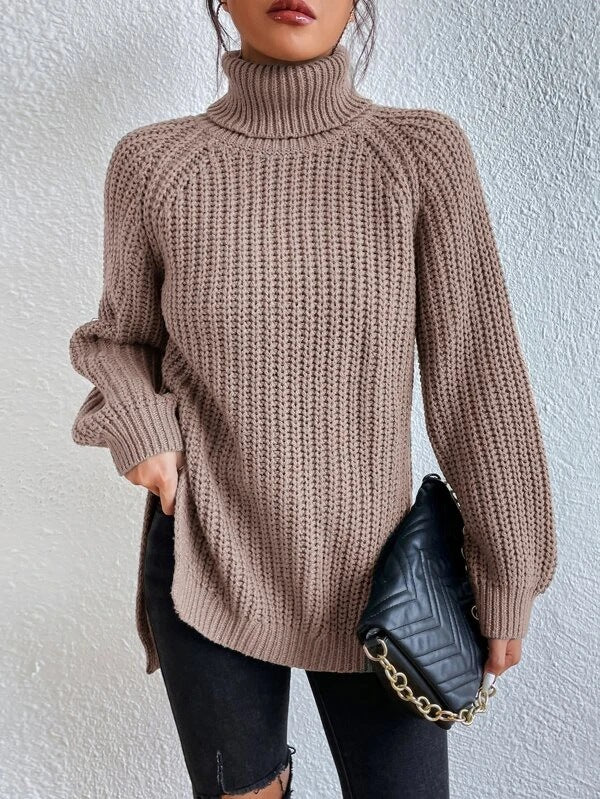 Simple and comfortable women's knitted sweater, solid color, with a stand-up collar