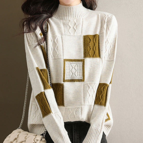 Women's Turtleneck Sweater in Checkered Pattern, Made of Cashmere