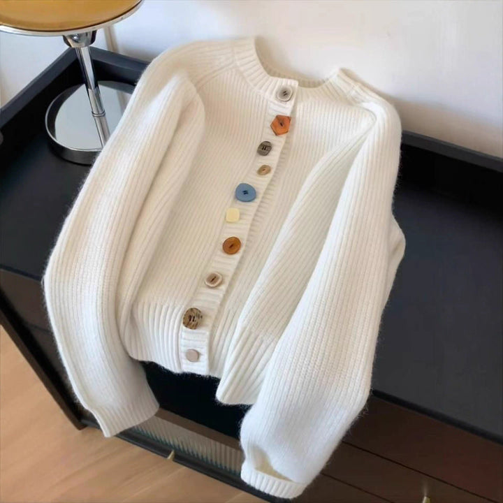 Elegant and comfortable cardigan made from soft-touch material with multicolored buttons