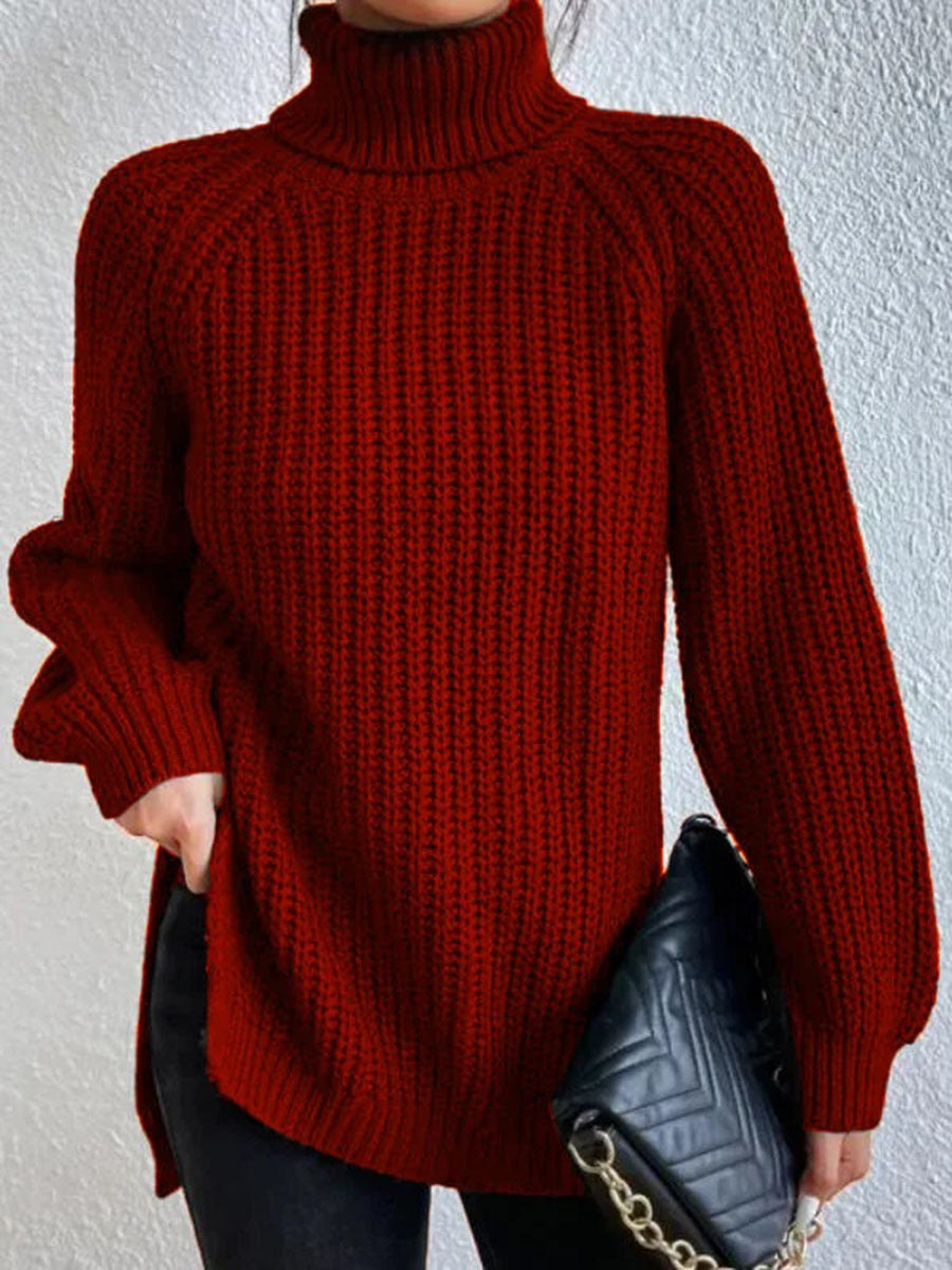 Simple and comfortable women's knitted sweater, solid color, with a stand-up collar