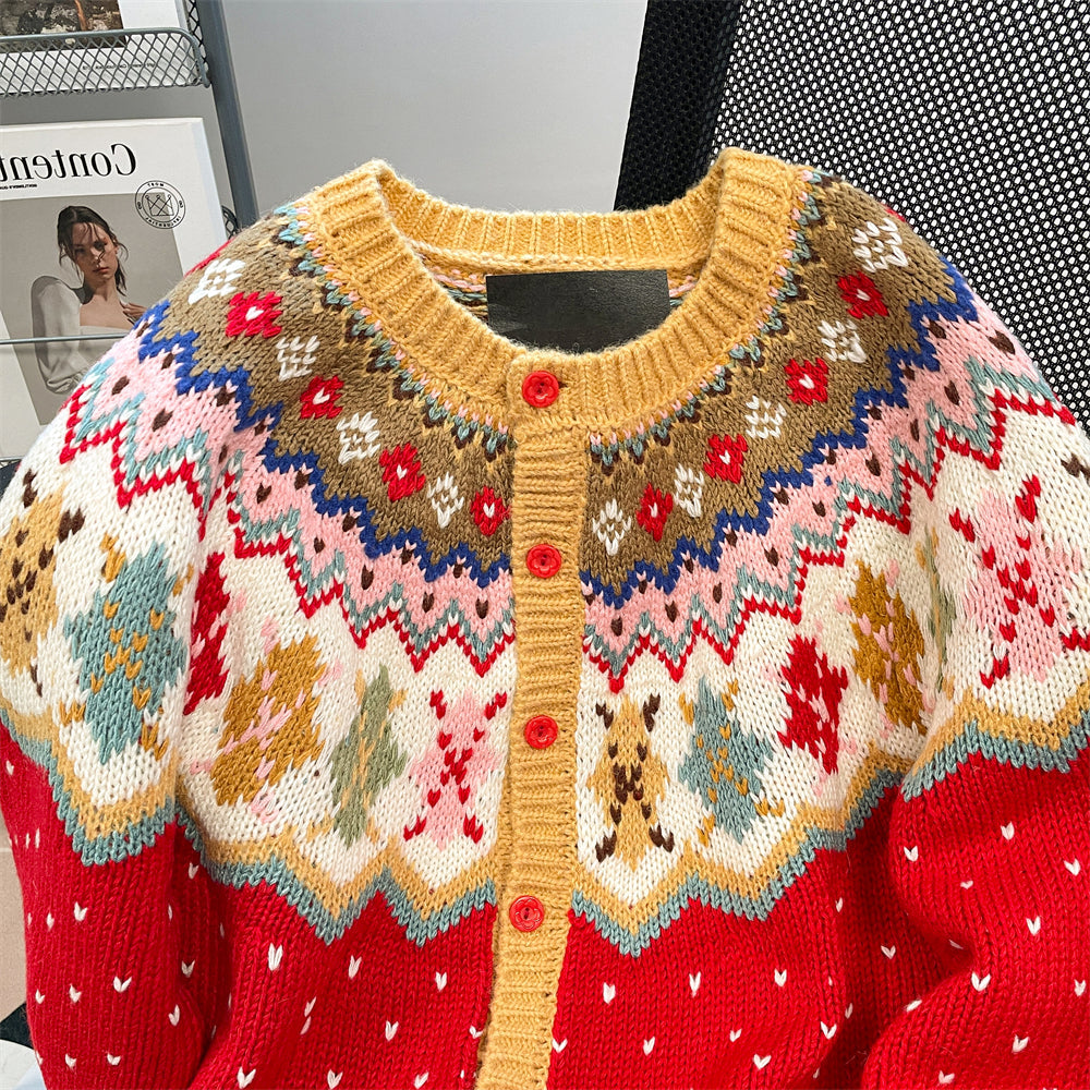 Elegant, vintage Fair Isle cardigan sweater with jacquard graphics and holiday motifs, featuring a loose and relaxed fit