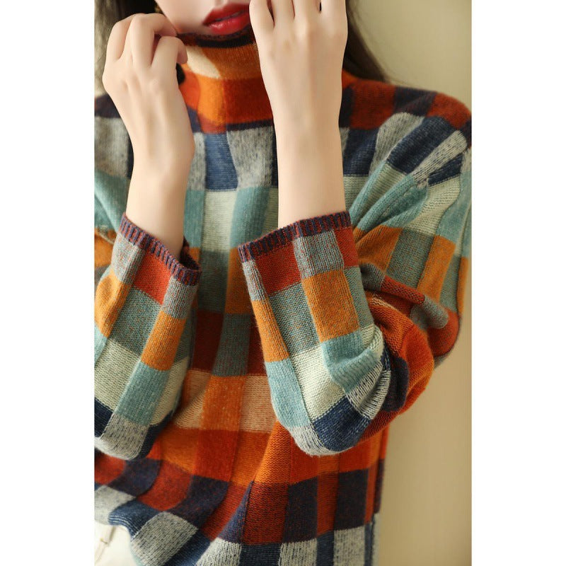 Women's Turtleneck Sweater in Colorful Plaid