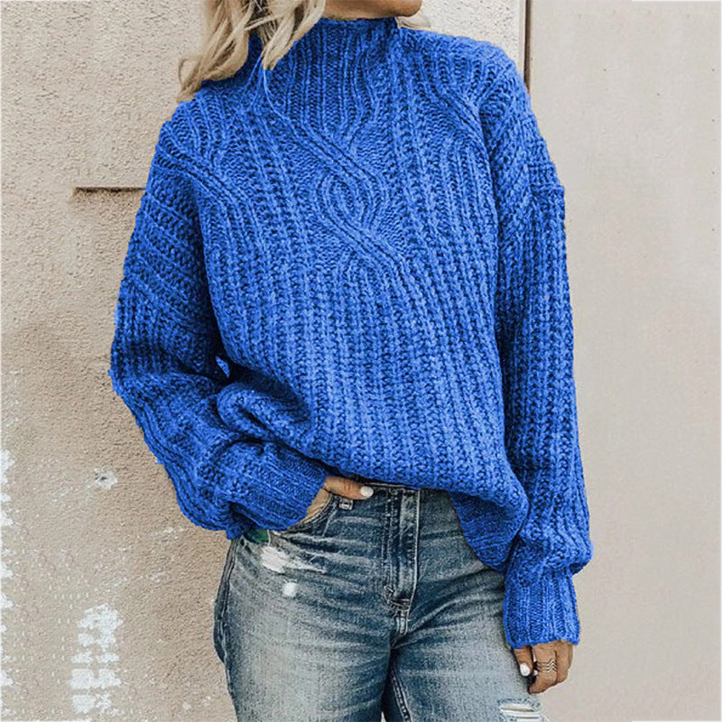 Women's solid color turtleneck sweater with a woven pattern, suitable for everyday wear
