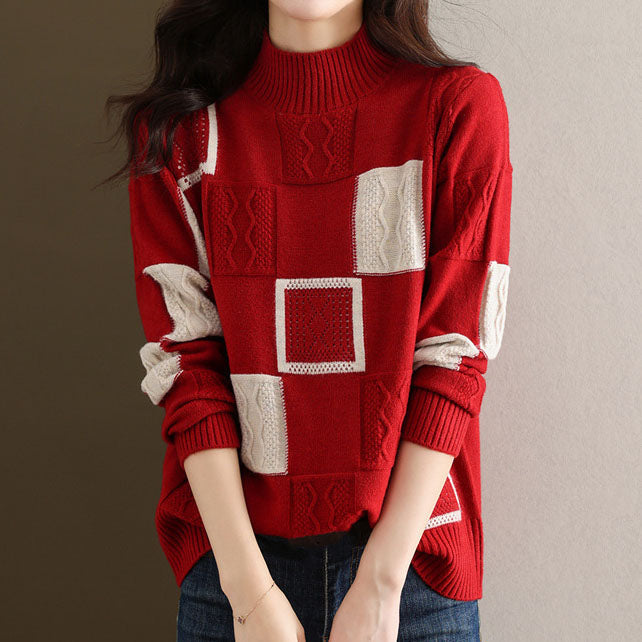 Women's Turtleneck Sweater in Checkered Pattern, Made of Cashmere
