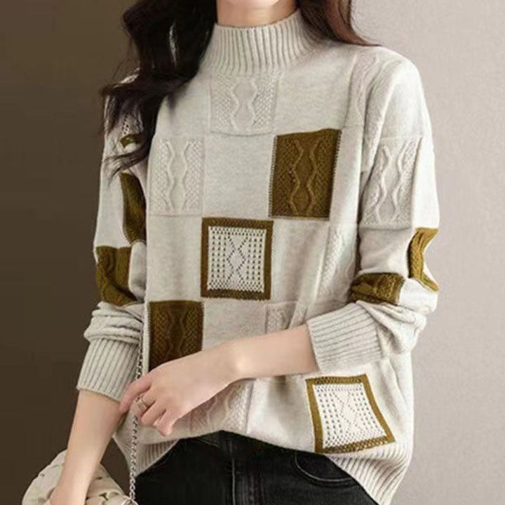 Women's Turtleneck Sweater in Checkered Pattern, Made of Cashmere