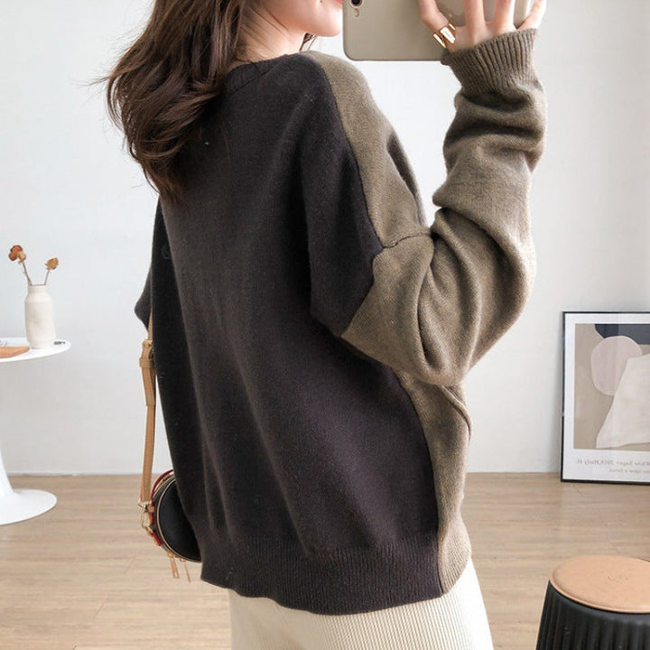 Cashmere Color Block Sweater with Irregular Collar