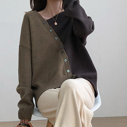Cashmere Color Block Sweater with Irregular Collar