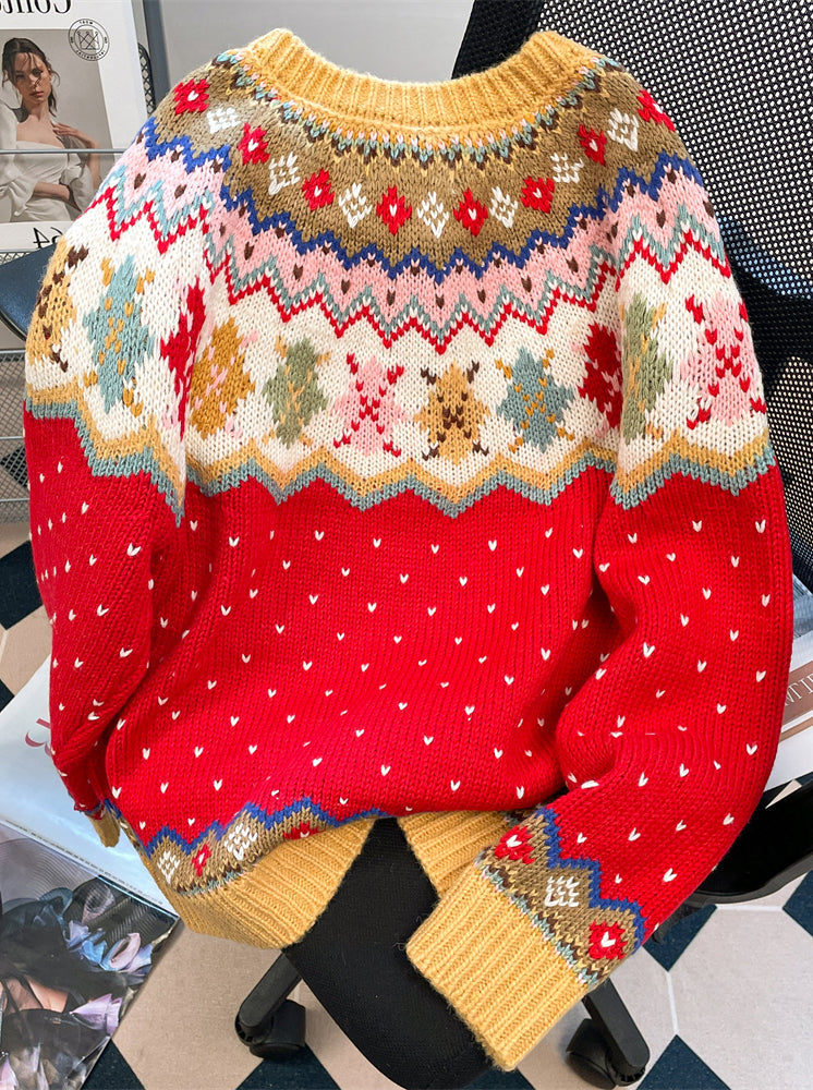 Elegant, vintage Fair Isle cardigan sweater with jacquard graphics and holiday motifs, featuring a loose and relaxed fit