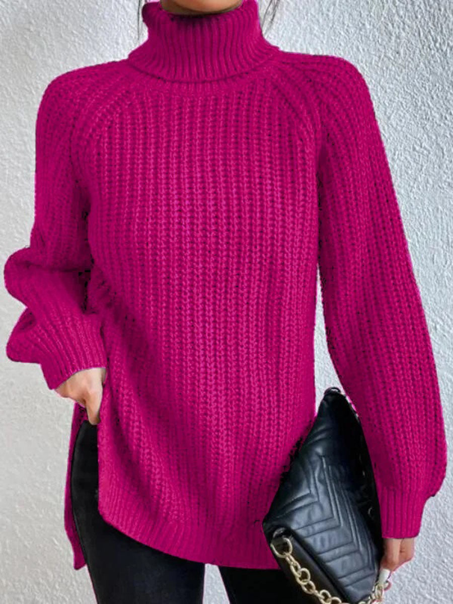 Simple and comfortable women's knitted sweater, solid color, with a stand-up collar