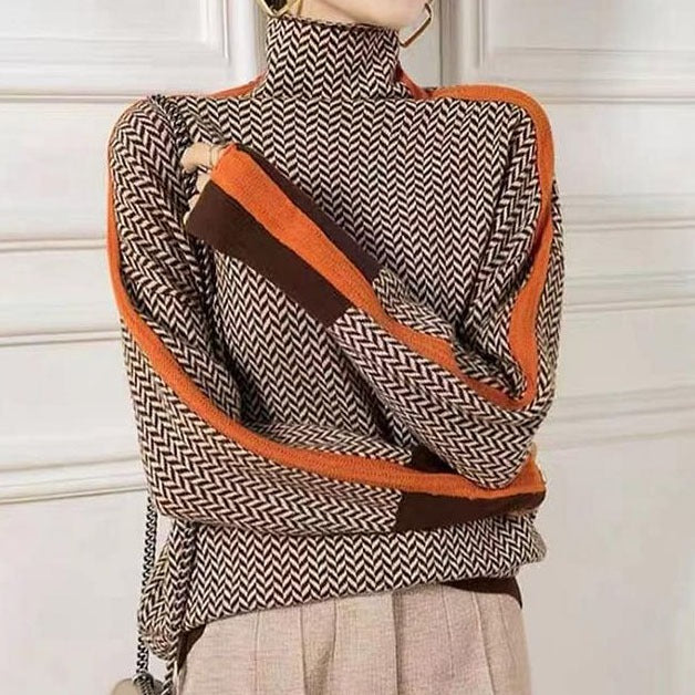 Women's striped sweater with a loose fit, high collar