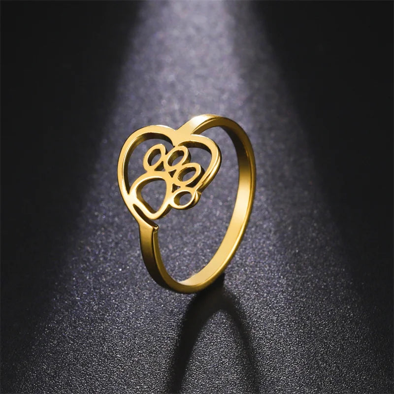 Ring with Heart and Paw in Stainless Steel for Animal Lovers