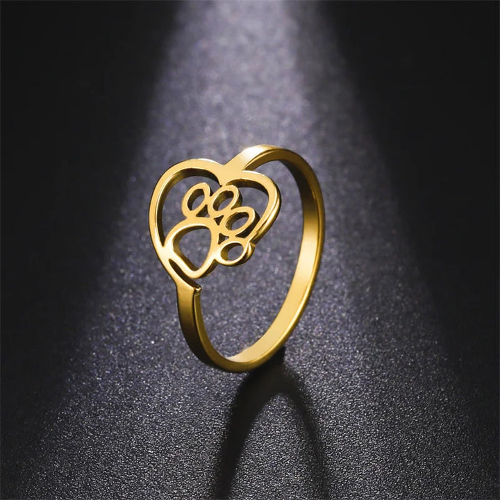 Ring with Heart and Paw in Stainless Steel for Animal Lovers