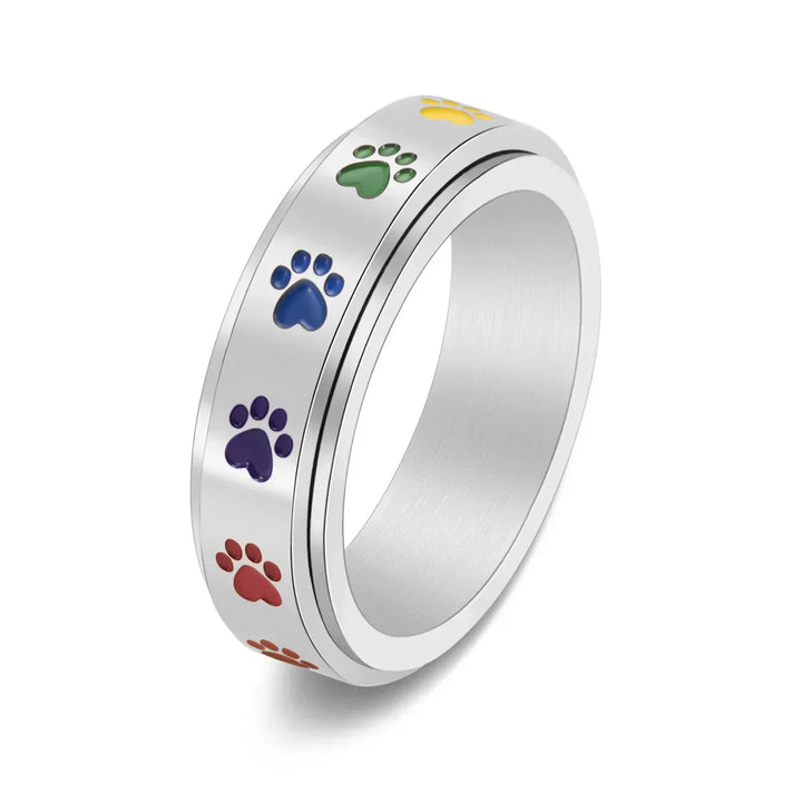 Rotating Stress Relief Ring with Paw Prints – Stainless Steel Ring with Rainbow Colors
