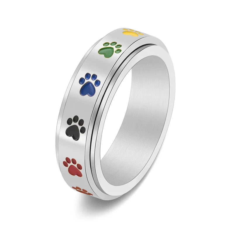 Rotating Stress Relief Ring with Paw Prints – Stainless Steel Ring with Rainbow Colors