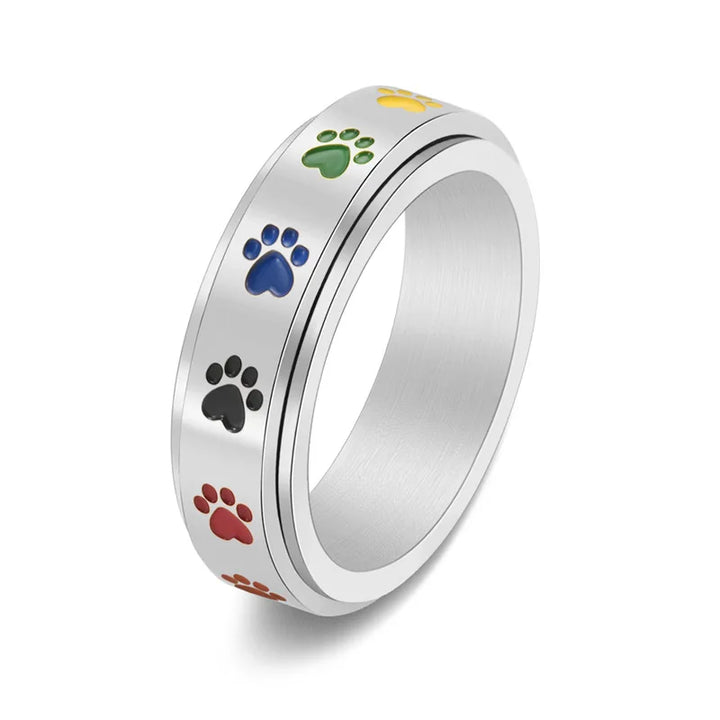 Rotating Stress Relief Ring with Paw Prints – Stainless Steel Ring with Rainbow Colors