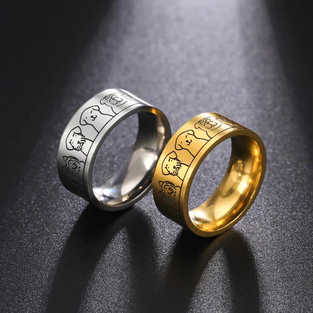 EXTRA WIDE STAINLESS STEEL RING WITH DOG MOTIFS – ENGRAVED DESIGN FOR WOMEN