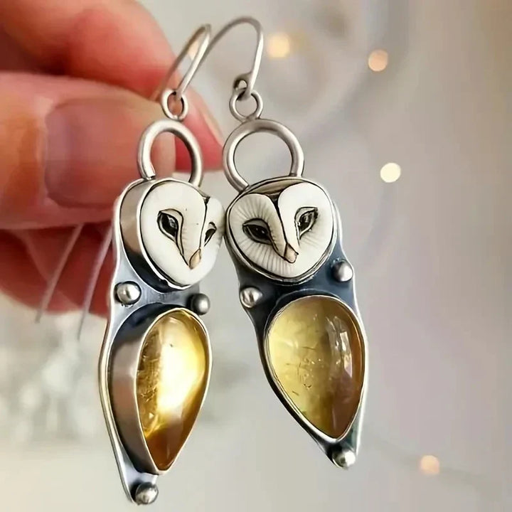 Earrings with Owl and Champagne-Colored Drop Stone