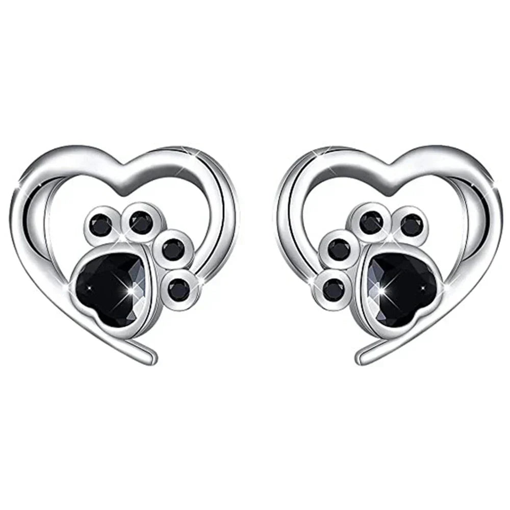 Heart and Paw Stud Earrings – Silver Color Earrings with Black Crystal