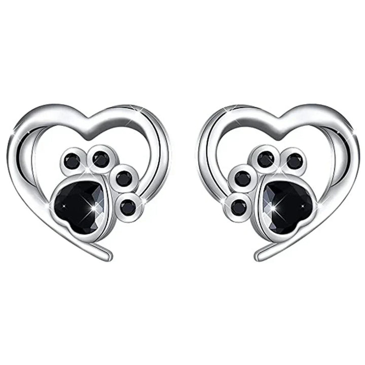 Heart and Paw Stud Earrings – Silver Color Earrings with Black Crystal