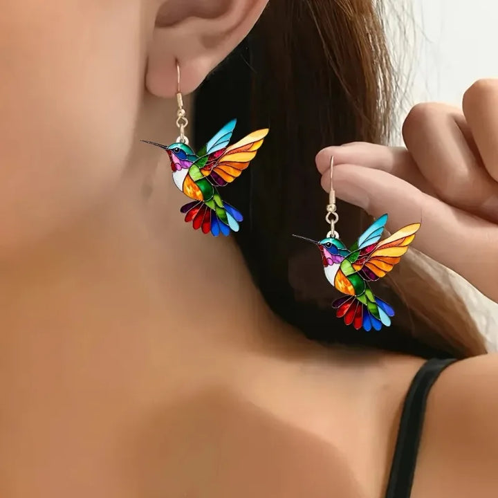 Colorful Hummingbird Dangle Earrings – 2D Design Acrylic Earrings