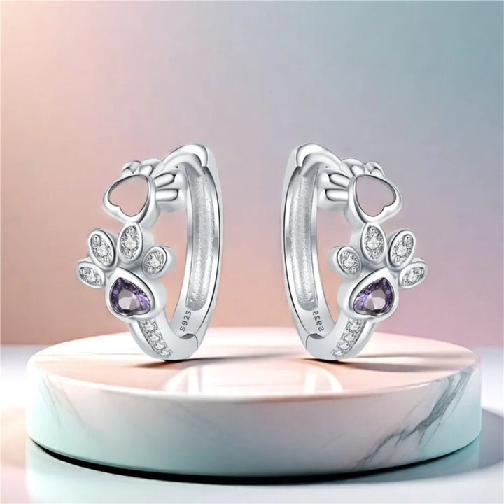 Sterling Silver 925 Paw Hoop Earrings – Jewelry with Zirconia and Heart Stone for Women