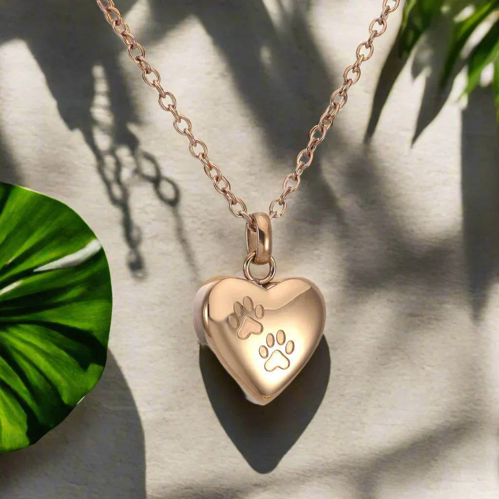 *Memorial Necklace with Paw Heart – Stainless Steel Urn Pendant*